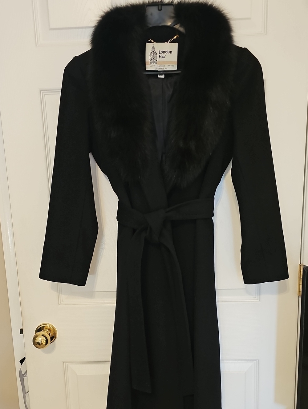 London Fog Black Wool-Blend Long Robe Coat with Faux Fur Collar